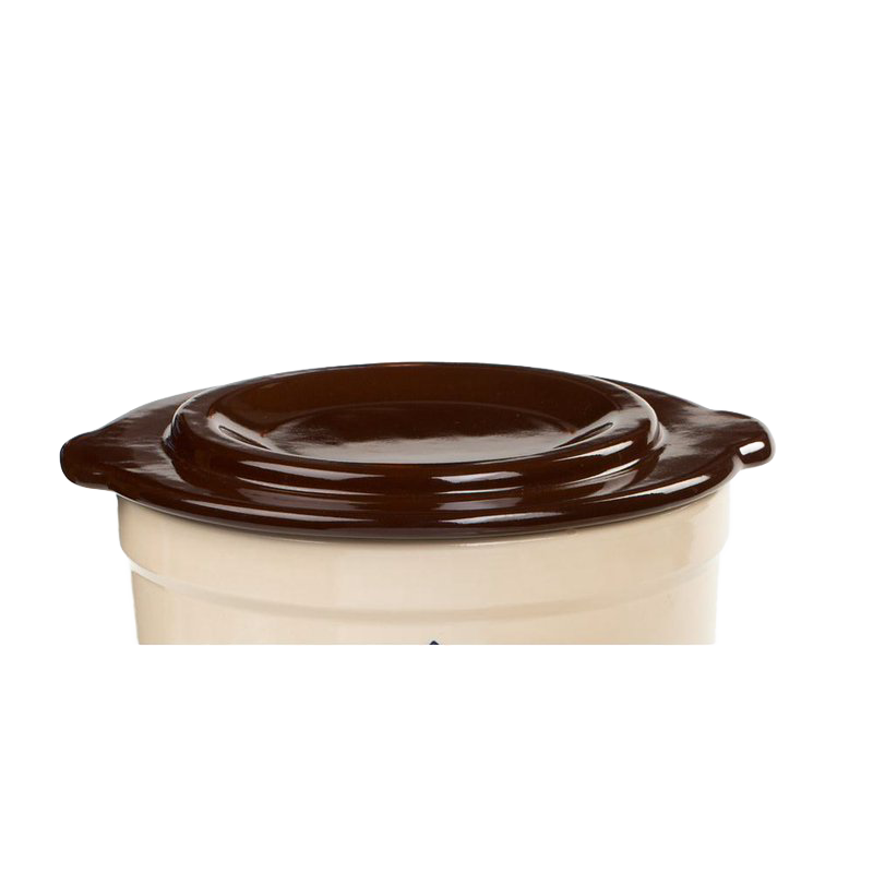 Handcrafted dark brown stoneware cover with smooth glazed finish, fitting numbered and utility crocks for kitchen food preservation and fermenting, made in USA.