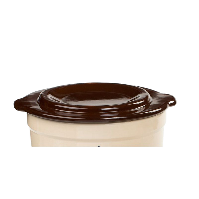Handcrafted dark brown stoneware cover with smooth glazed finish, fitting numbered and utility crocks for kitchen food preservation and fermenting, made in USA.
