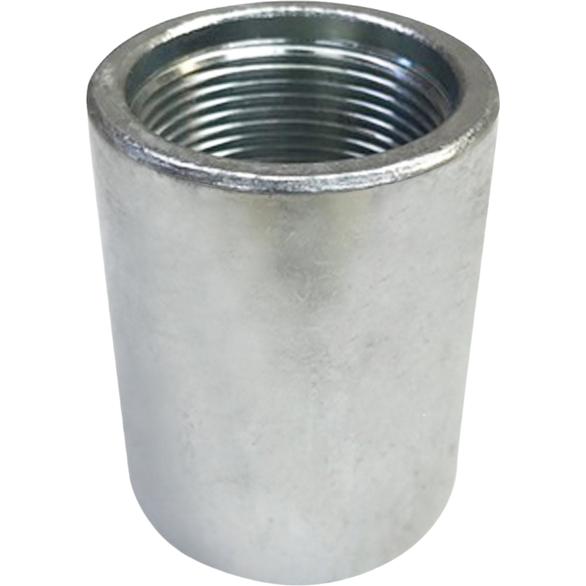 Metal drive coupling with internal threading, designed for joining sections of water pipe, featured in Appliances, Water Pumps, and Pump Parts and Tools collections.