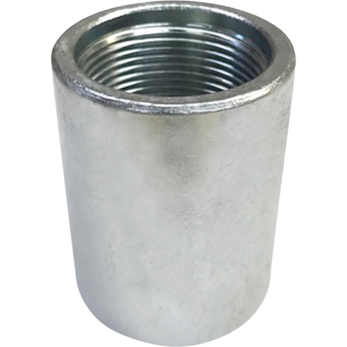 Metal drive coupling with internal threading, designed for joining sections of water pipe, featured in Appliances, Water Pumps, and Pump Parts and Tools collections.