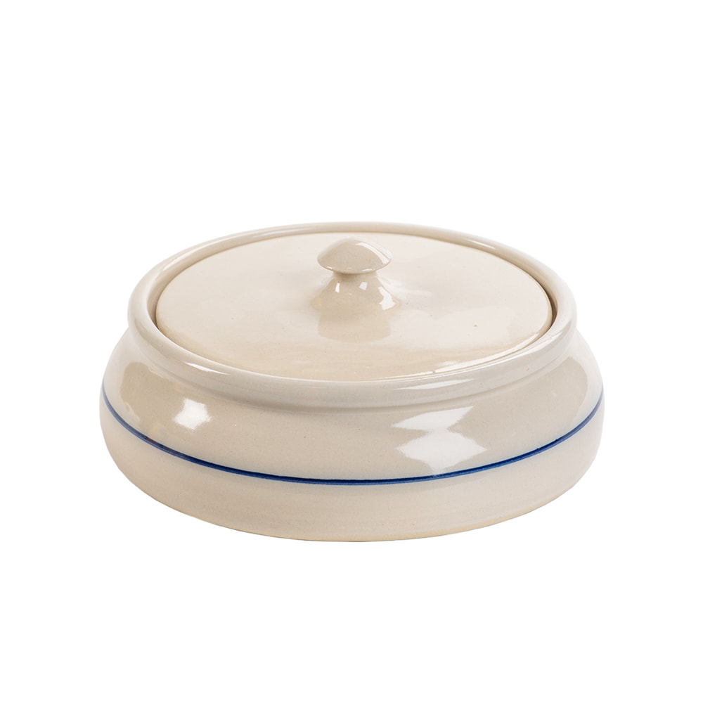 Handcrafted stoneware tortilla warmer with a simple blue stripe design, made in the USA for Kitchen & Food, Storage and Serving, and Best Sellers collections.