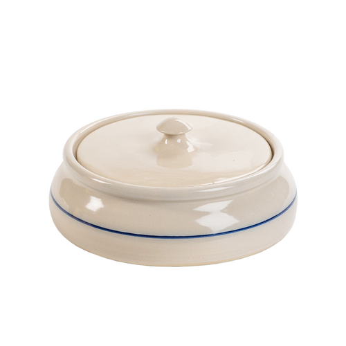 Handcrafted stoneware tortilla warmer with a simple blue stripe design, made in the USA for Kitchen & Food, Storage and Serving, and Best Sellers collections.