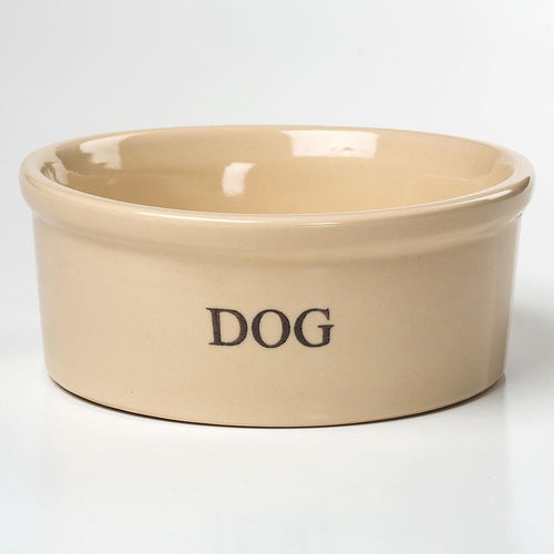 Large durable stoneware dog bowl in natural color with a glossy lead-free finish, designed to stay put, handcrafted in the USA, ideal for pet supplies and home decor collections.