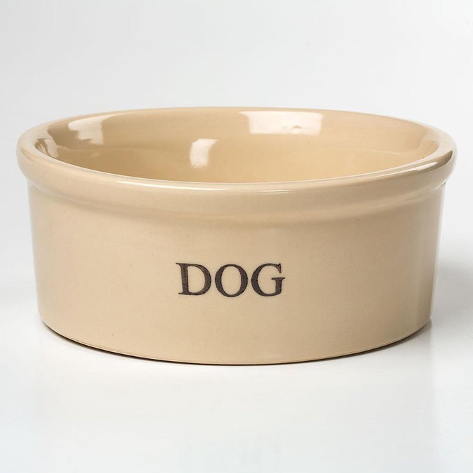 Large durable stoneware dog bowl in natural color with a glossy lead-free finish, designed to stay put, handcrafted in the USA, ideal for pet supplies and home decor collections.
