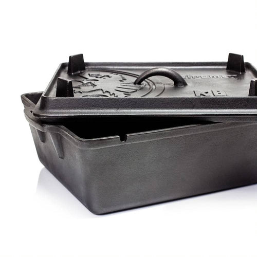 Premium cast iron loaf pan with a fitting lid featuring embossed design, durable for baking bread, casseroles, and outdoor cooking, ideal for Kitchen, Camping, and Cast Iron collections.