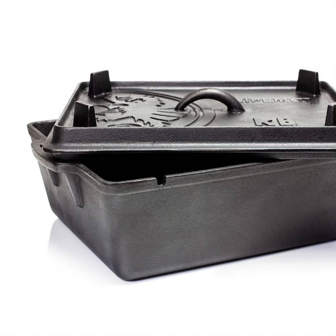 Premium cast iron loaf pan with a fitting lid featuring embossed design, durable for baking bread, casseroles, and outdoor cooking, ideal for Kitchen, Camping, and Cast Iron collections.