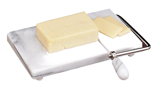 Marble cheese slicer with smooth grey marble base and metal wire cutter, ideal for even slicing and serving medium to hard cheeses in kitchen and food prep settings.
