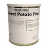 Tall sealed can of freeze dried sweet potato fries with simple black text label detailing preparation instructions, ideal for emergency supplies, kitchen, and farm collections.