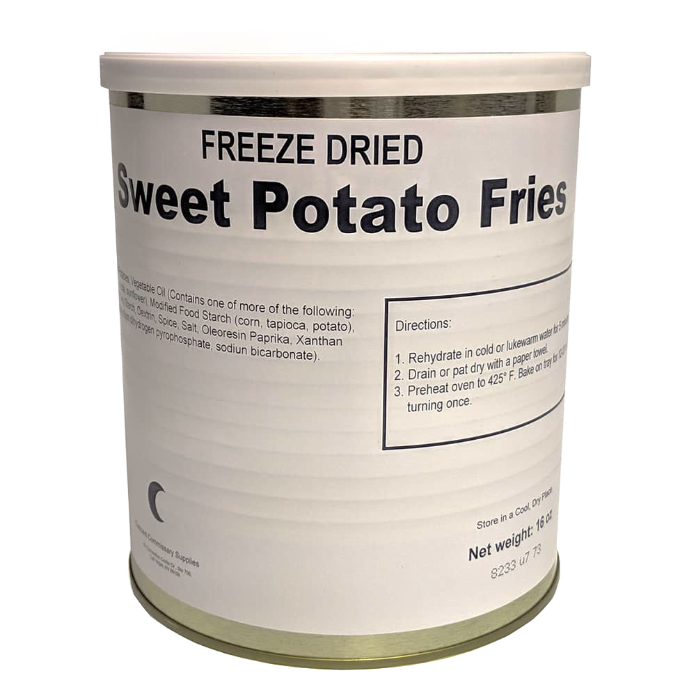 Tall sealed can of freeze dried sweet potato fries with simple black text label detailing preparation instructions, ideal for emergency supplies, kitchen, and farm collections.