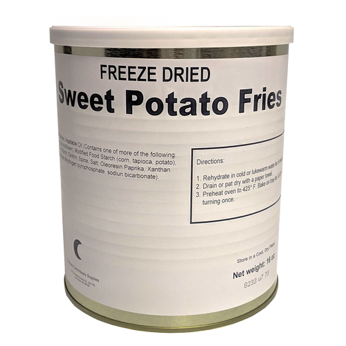 Tall sealed can of freeze dried sweet potato fries with simple black text label detailing preparation instructions, ideal for emergency supplies, kitchen, and farm collections.