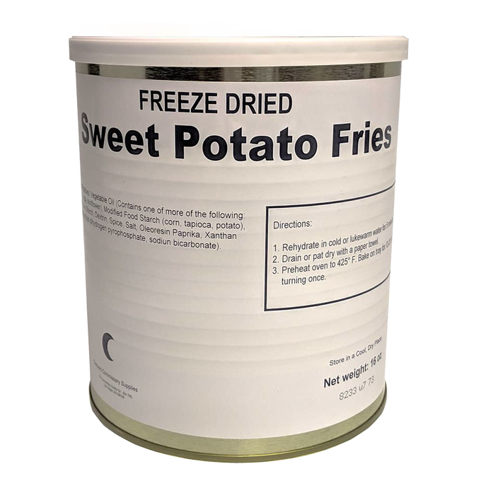 Tall sealed can of freeze dried sweet potato fries with simple black text label detailing preparation instructions, ideal for emergency supplies, kitchen, and farm collections.