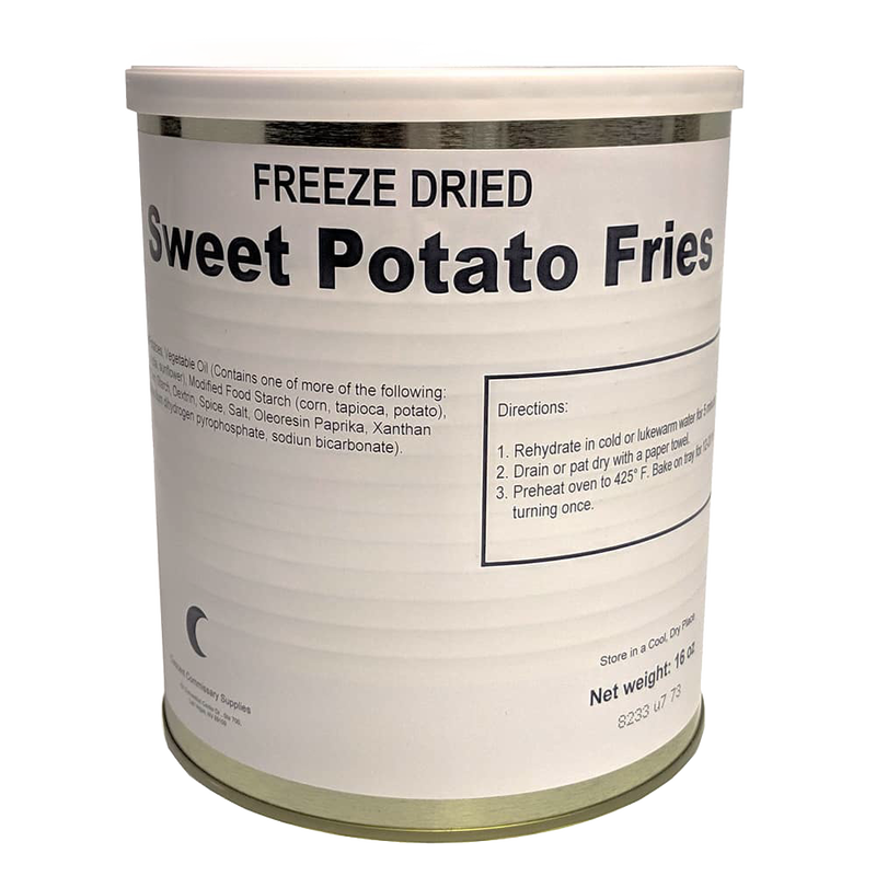 Tall sealed can of freeze dried sweet potato fries with simple black text label detailing preparation instructions, ideal for emergency supplies, kitchen, and farm collections.