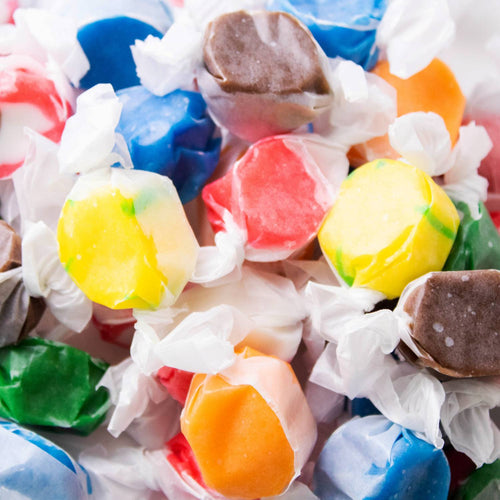 Colorful wrapped taffy-style nostalgic candies in assorted flavors, evoking classic sweet treats, featured in Kitchen & Food, Snacks and Sweets, Food, Best Sellers, and Promo Eligible collections.