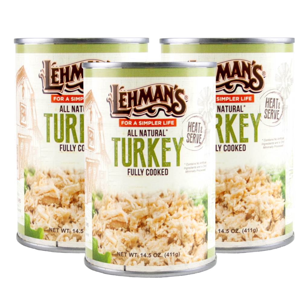 Three cans of fully cooked, all-natural shredded turkey from Lehman's, designed for quick, heat-and-serve meals and included in Farm, Garden & Tool, Kitchen & Food, Emergency Supplies, Food, Meats, Best Sellers, and Promo Eligible collections.