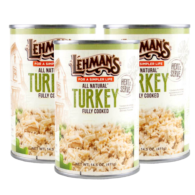 Three cans of fully cooked, all-natural shredded turkey from Lehman's, designed for quick, heat-and-serve meals and included in Farm, Garden & Tool, Kitchen & Food, Emergency Supplies, Food, Meats, Best Sellers, and Promo Eligible collections.