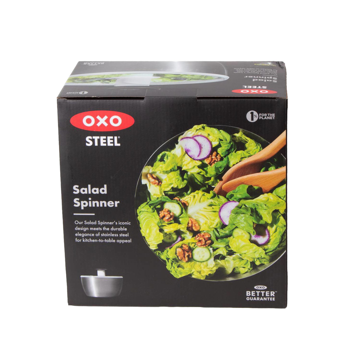 Box packaging for a stainless steel salad spinner featuring a fresh mixed green salad with walnuts, radishes, and cucumbers, ideal for kitchen gadgets and best sellers collections.