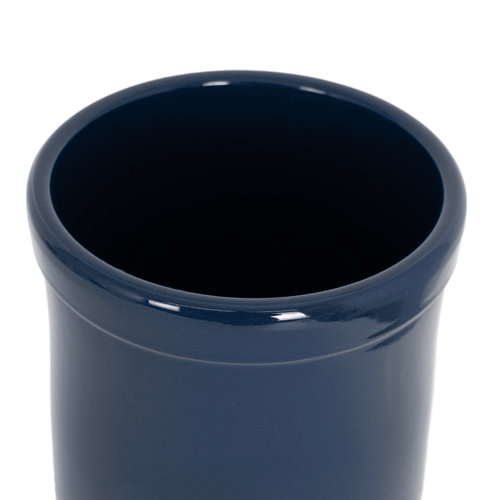 Close-up of a handcrafted, navy blue stoneware crock with food-safe glaze, ideal for Kitchen & Food, Food Preservation, and Fermenting and Pickling collections, made in the USA.
