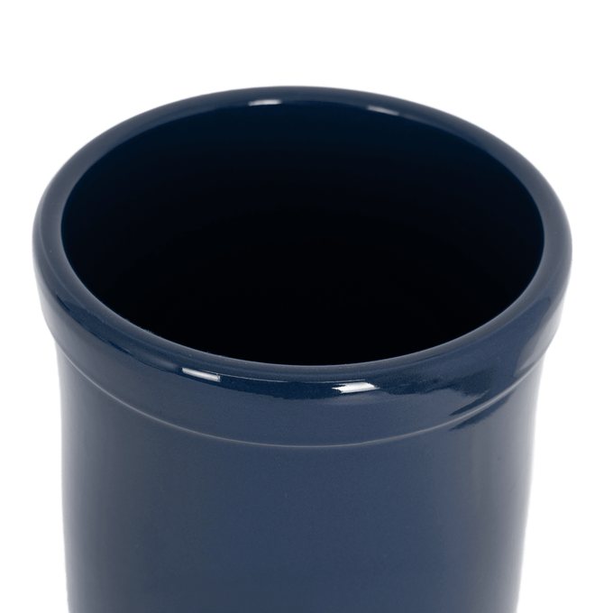 Close-up of a handcrafted, navy blue stoneware crock with food-safe glaze, ideal for Kitchen & Food, Food Preservation, and Fermenting and Pickling collections, made in the USA.
