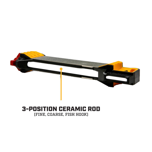 Black and yellow guided knife sharpener featuring diamond and ceramic sharpening surfaces with integrated guides, designed for precise edge sharpening in Farm, Garden & Tool and Kitchen & Food collections.