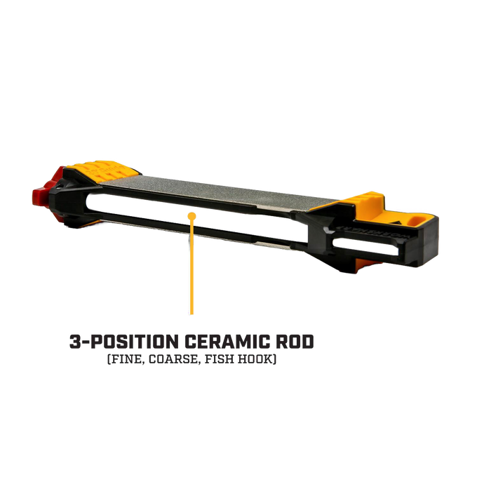 Black and yellow guided knife sharpener featuring diamond and ceramic sharpening surfaces with integrated guides, designed for precise edge sharpening in Farm, Garden & Tool and Kitchen & Food collections.