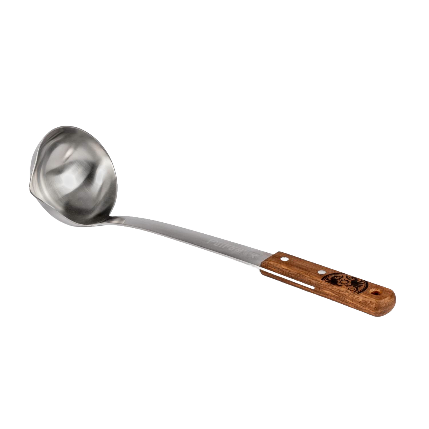 Stainless steel soup ladle with large bowl and wooden handle featuring engraved design, handcrafted for easy serving in camping, kitchen, and farm settings.