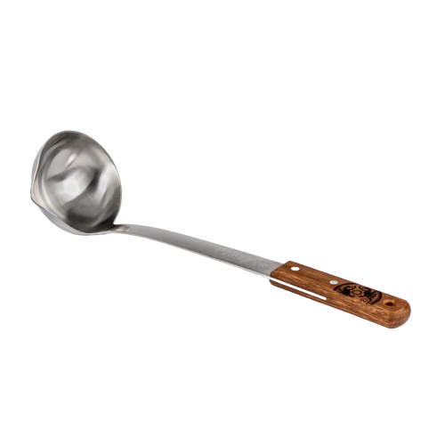 Stainless steel soup ladle with large bowl and wooden handle featuring engraved design, handcrafted for easy serving in camping, kitchen, and farm settings.