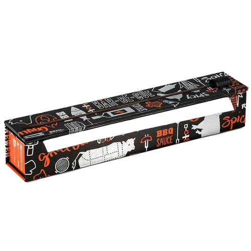 Professional-grade aluminum foil dispenser with black and orange BBQ-themed graphics, featuring a built-in cutter and non-skid rubber feet, ideal for Kitchen & Food and Cookware collections.