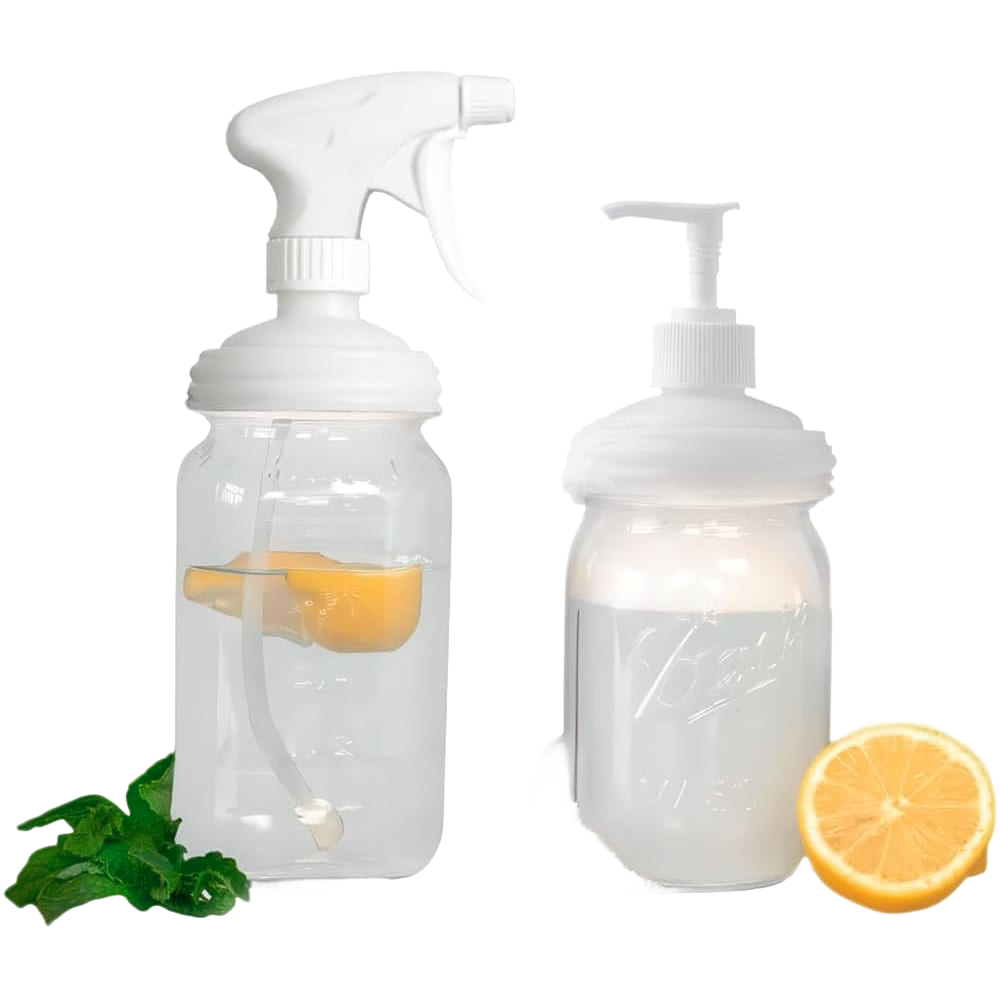 Two clear regular-mouth jar lids—a white plastic sprayer and a pump lid—paired with fresh lemon and mint, eco-friendly household helpers in Home & Decor, USA Made, Best Sellers collections.
