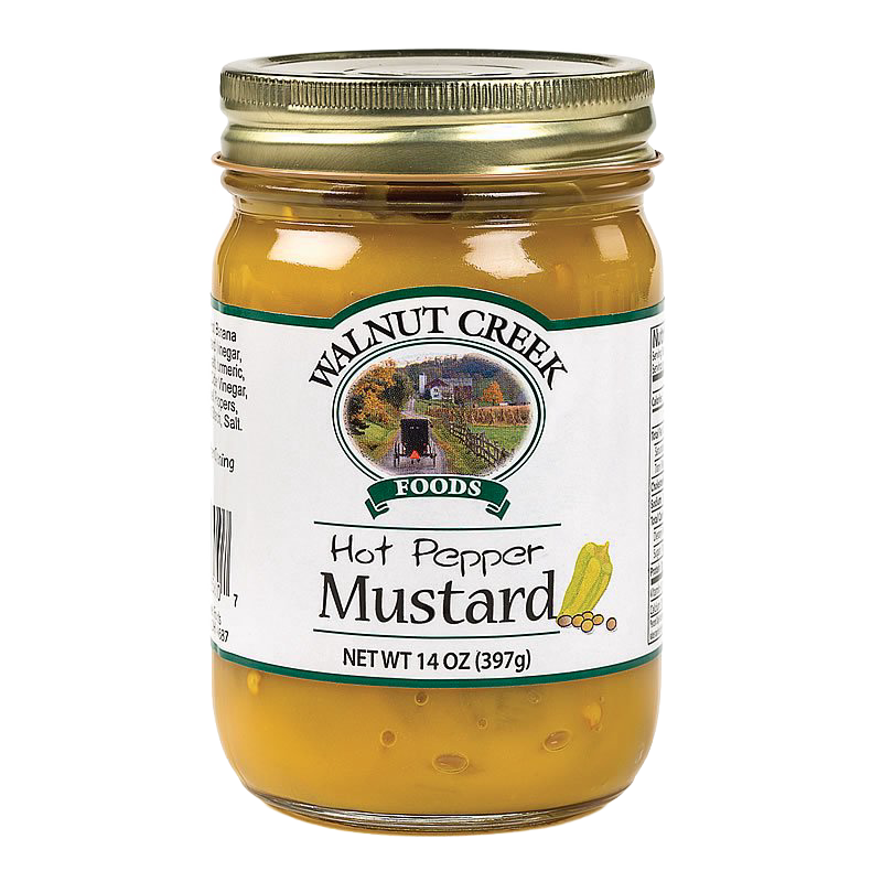 Glass jar of handcrafted hot pepper mustard with metal lid and vintage-style label, made in USA, ideal for Kitchen & Food, Food, Pantry, USA Made, Best Sellers, and Promo Eligible collections.