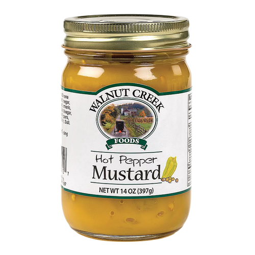 Glass jar of handcrafted hot pepper mustard with metal lid and vintage-style label, made in USA, ideal for Kitchen & Food, Food, Pantry, USA Made, Best Sellers, and Promo Eligible collections.