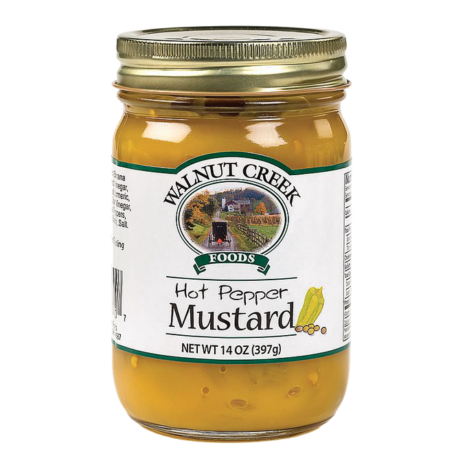 Glass jar of handcrafted hot pepper mustard with metal lid and vintage-style label, made in USA, ideal for Kitchen & Food, Food, Pantry, USA Made, Best Sellers, and Promo Eligible collections.