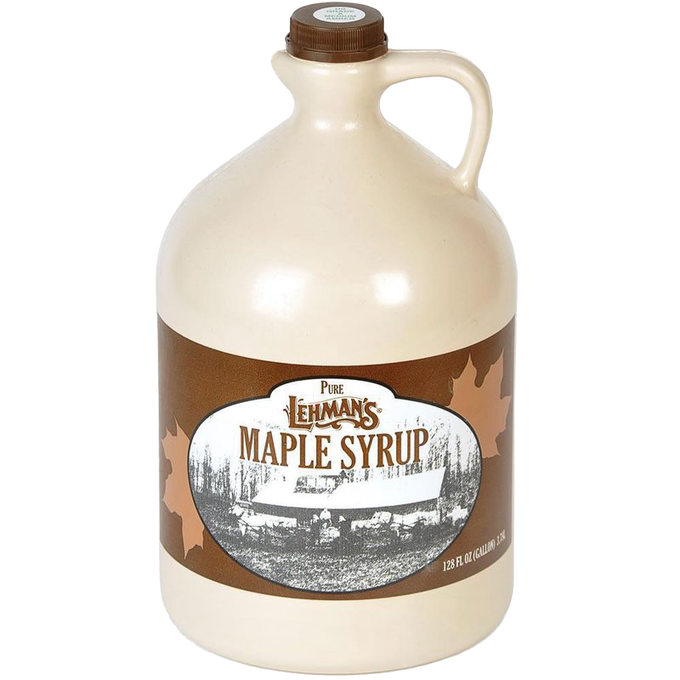 Unique handcrafted jug of medium amber maple syrup with classic brown label featuring vintage imagery, perfect for Kitchen & Food, Pantry, USA Made, and Best Sellers collections.