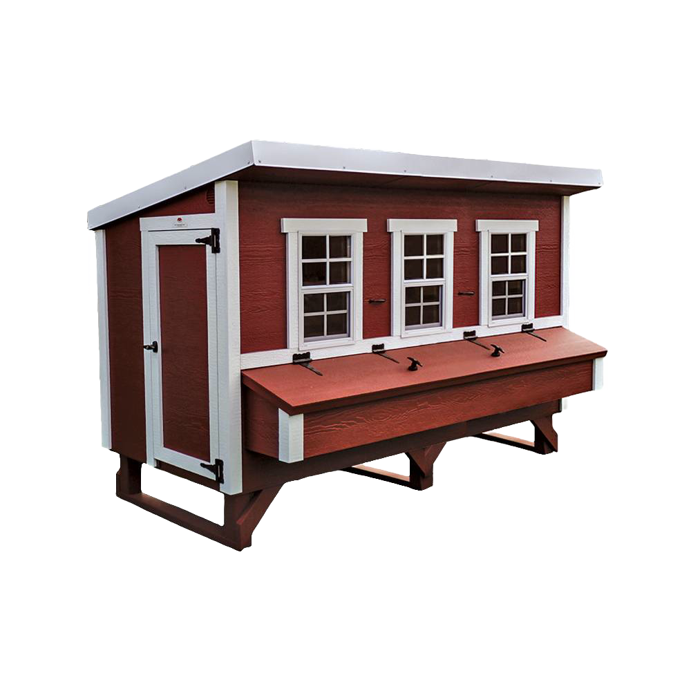 Handcrafted heavy-duty chicken coop in red with white trim, featuring multiple windows and nesting boxes, designed for Farm, Garden & Tool, Chicken Accessories, USA Made, Amish Made, and Best Sellers collections.