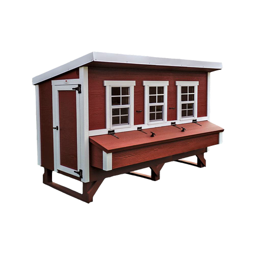 Handcrafted heavy-duty chicken coop in red with white trim, featuring multiple windows and nesting boxes, designed for Farm, Garden & Tool, Chicken Accessories, USA Made, Amish Made, and Best Sellers collections.