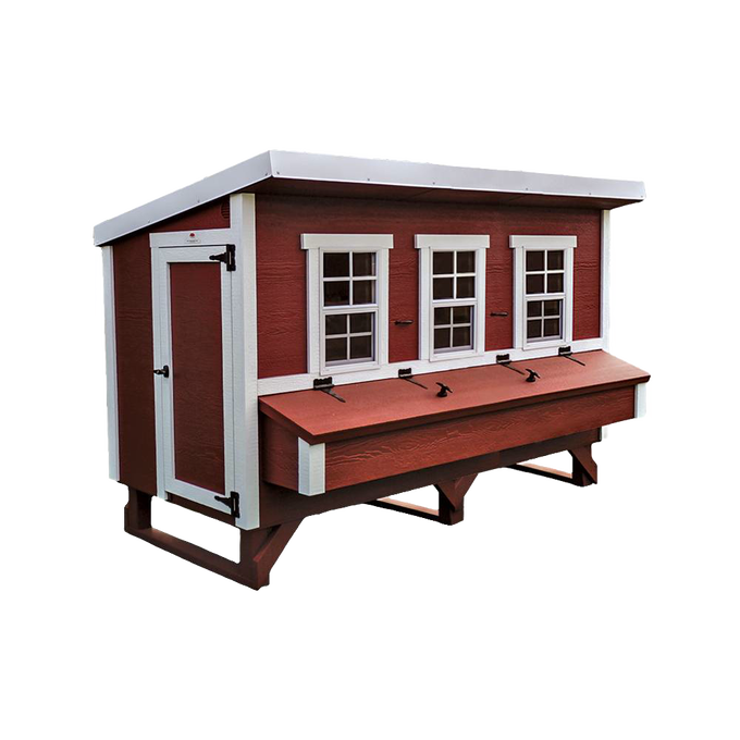 Handcrafted heavy-duty chicken coop in red with white trim, featuring multiple windows and nesting boxes, designed for Farm, Garden & Tool, Chicken Accessories, USA Made, Amish Made, and Best Sellers collections.