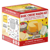 Compact kit box illustrating a Basic Cheese Making Kit with images of cheddar, gouda, feta, and cottage cheese, featuring playful red hearts and kitchen icons for Kitchen & Food, Specialty Equipment, DIY Cheese and Yogurt, Best Sellers, and Promo Eligible collections.