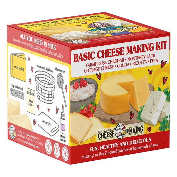 Compact kit box illustrating a Basic Cheese Making Kit with images of cheddar, gouda, feta, and cottage cheese, featuring playful red hearts and kitchen icons for Kitchen & Food, Specialty Equipment, DIY Cheese and Yogurt, Best Sellers, and Promo Eligible collections.