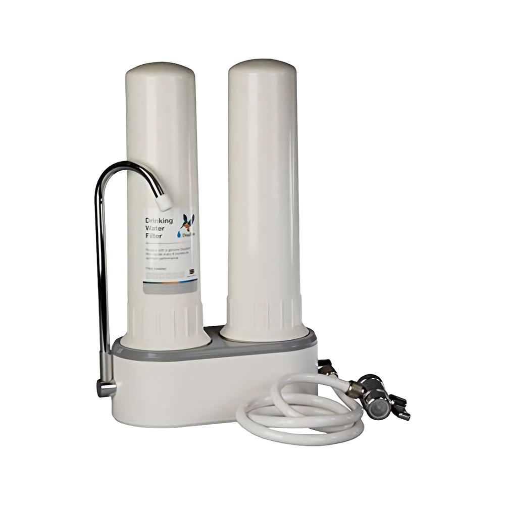 Compact white countertop water filtration system with two cylindrical chambers, chrome faucet attachment, and flexible hose, featured in Appliances and Emergency Supplies collections.