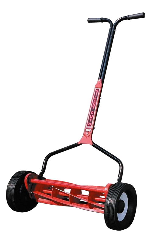 Red reel mower with ergonomic black handle and wide rubber wheels, designed for quiet, efficient lawncare, featured in Farm, Garden & Tool, Best Sellers, and Promo Eligible collections.