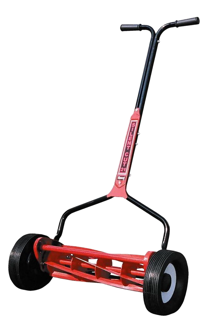 Red reel mower with ergonomic black handle and wide rubber wheels, designed for quiet, efficient lawncare, featured in Farm, Garden & Tool, Best Sellers, and Promo Eligible collections.