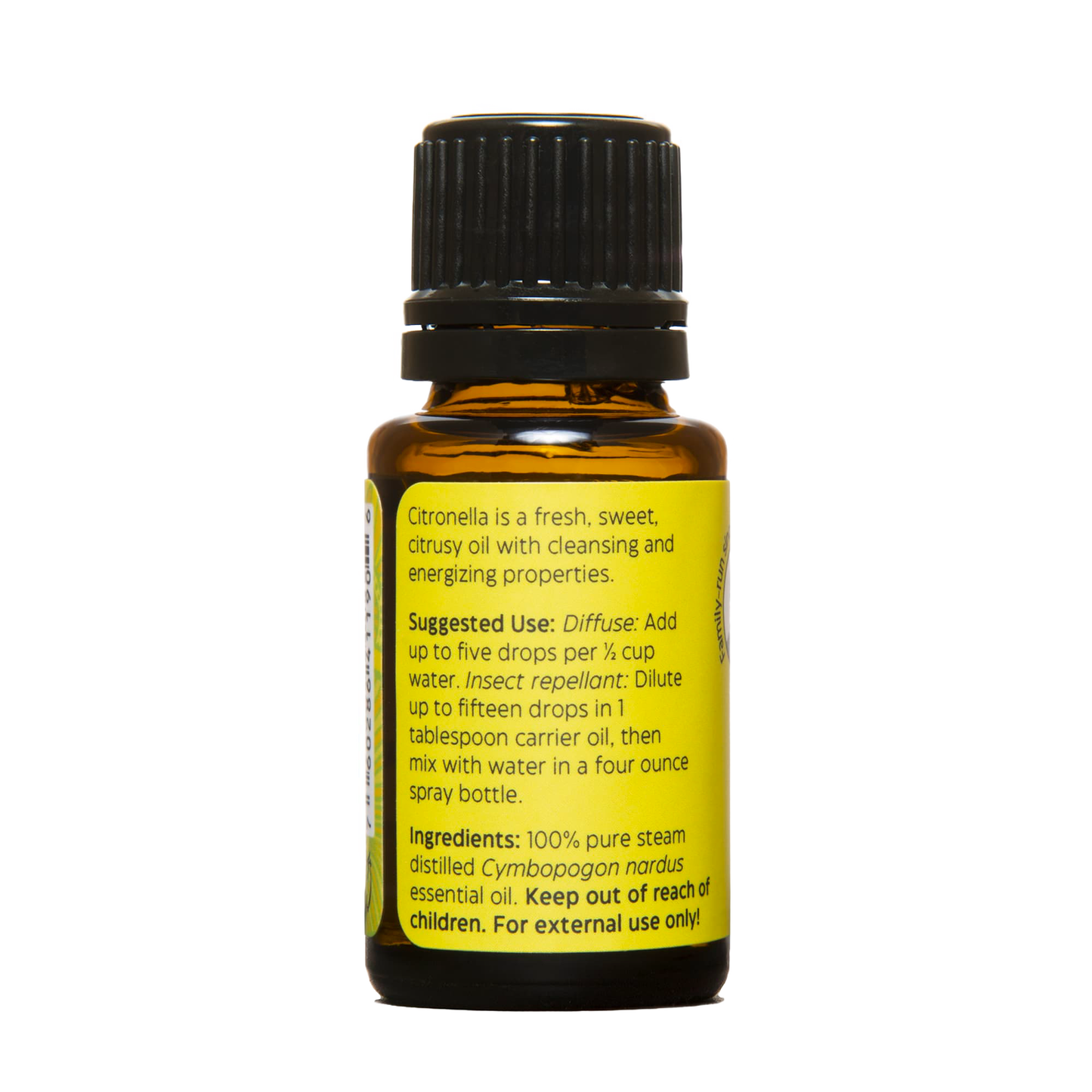 Amber glass bottle of handcrafted citronella essential oil with black cap and yellow label showing usage instructions and ingredients, made in USA for Health & Wellness, Soapmaking, and Candlemaking collections.