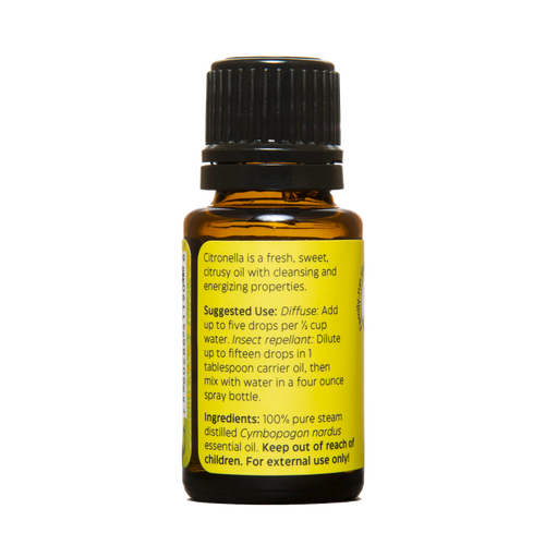 Amber glass bottle of handcrafted citronella essential oil with black cap and yellow label showing usage instructions and ingredients, made in USA for Health & Wellness, Soapmaking, and Candlemaking collections.