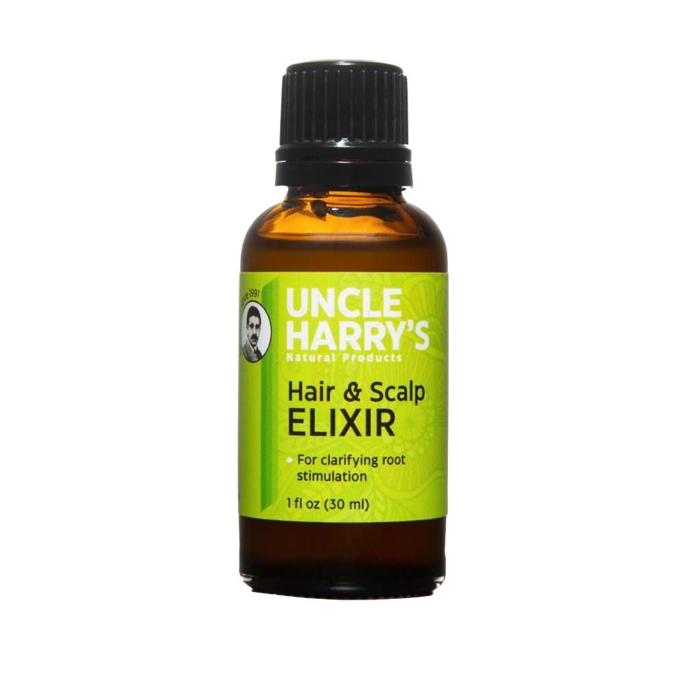 Amber glass bottle of natural hair and scalp elixir with vibrant green label, promoting root stimulation, part of Health & Wellness, Grooming and Personal Hygiene, USA Made, and Best Sellers collections.
