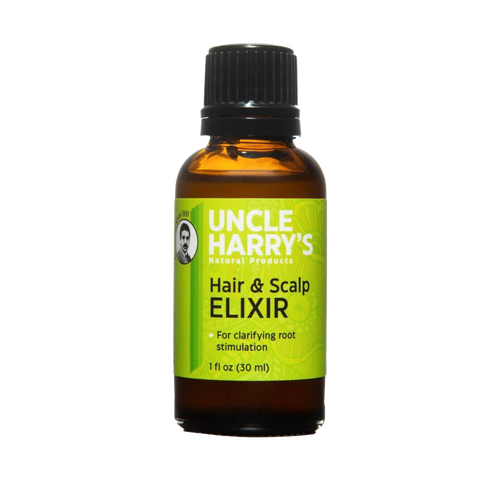 Amber glass bottle of natural hair and scalp elixir with vibrant green label, promoting root stimulation, part of Health & Wellness, Grooming and Personal Hygiene, USA Made, and Best Sellers collections.
