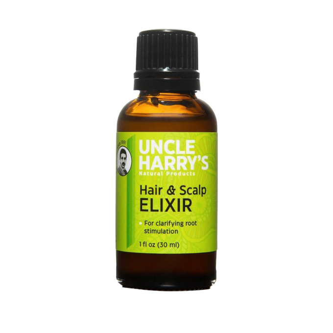 Amber glass bottle of natural hair and scalp elixir with vibrant green label, promoting root stimulation, part of Health & Wellness, Grooming and Personal Hygiene, USA Made, and Best Sellers collections.