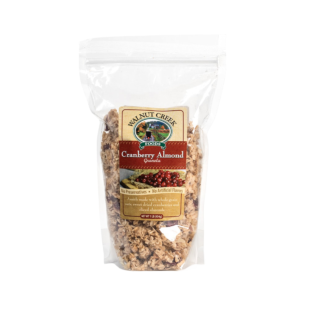 Clear resealable bag of handcrafted Amish-made granola blending whole grain oats, dried cranberries, and sliced almonds, made in USA for Kitchen & Food and Snacks collections.