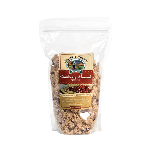 Clear resealable bag of handcrafted Amish-made granola blending whole grain oats, dried cranberries, and sliced almonds, made in USA for Kitchen & Food and Snacks collections.