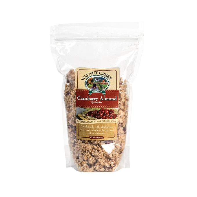 Clear resealable bag of handcrafted Amish-made granola blending whole grain oats, dried cranberries, and sliced almonds, made in USA for Kitchen & Food and Snacks collections.