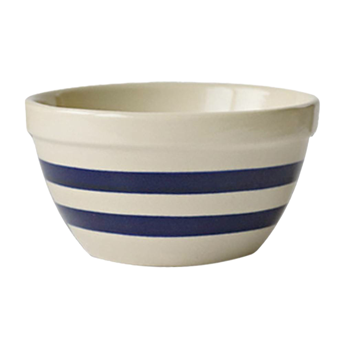 Handcrafted stoneware mixing bowl with classic blue stripes, durable and made in USA, ideal for baking, serving, and kitchen tasks in Kitchen & Food, Cookware, and USA Made collections.