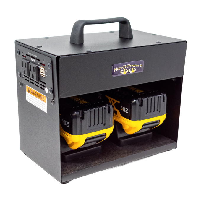 Black metal power inverter with built-in dual battery slots for cordless tool batteries, featuring AC outlets and USB ports for reliable portable power in farm, garden, and emergency use.